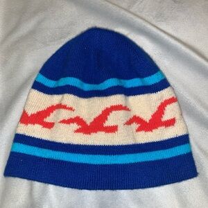 Abercrombie & Fitch Blue and Cream Beanie with orange Red  bird logo stripes